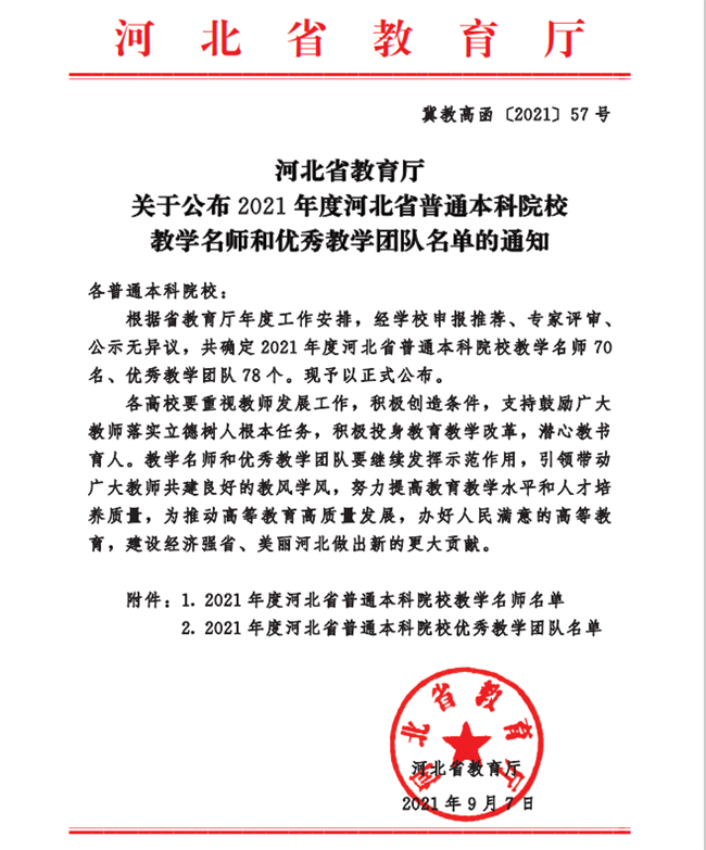 太阳成教师安存红及国际经济与贸易一流专业教学团队分获河北省“教学名师”、“优秀教学团队”荣誉称号